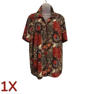 Maggie Barnes Red Black Cream Floral Button-Down Shirt